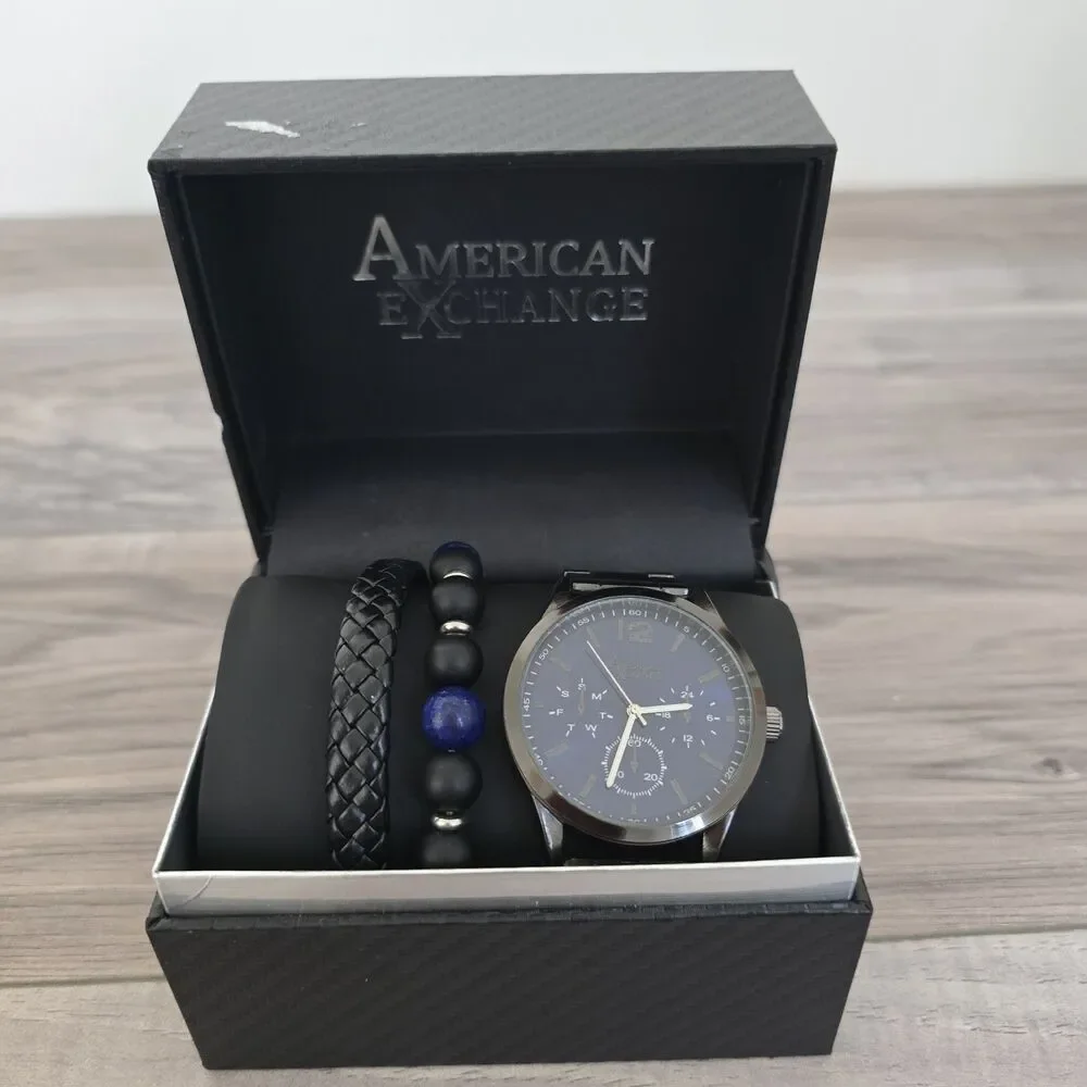 American Exchange Men's Gunmetal Tone Chronograph Watch & Stackable Bracelet Set